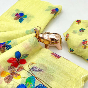 Yellow Linen Saree Featuring Floral Digital Print With Zari Outline & Cutwork Border