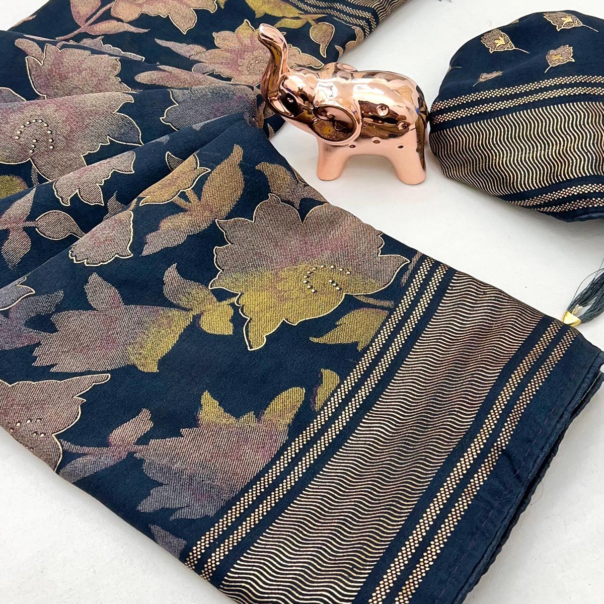 Blue Floral Foil Printed Georgette Saree With Tassels