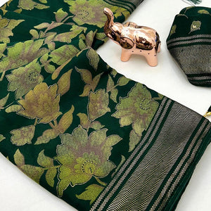 Green Floral Foil Printed Georgette Saree With Tassels