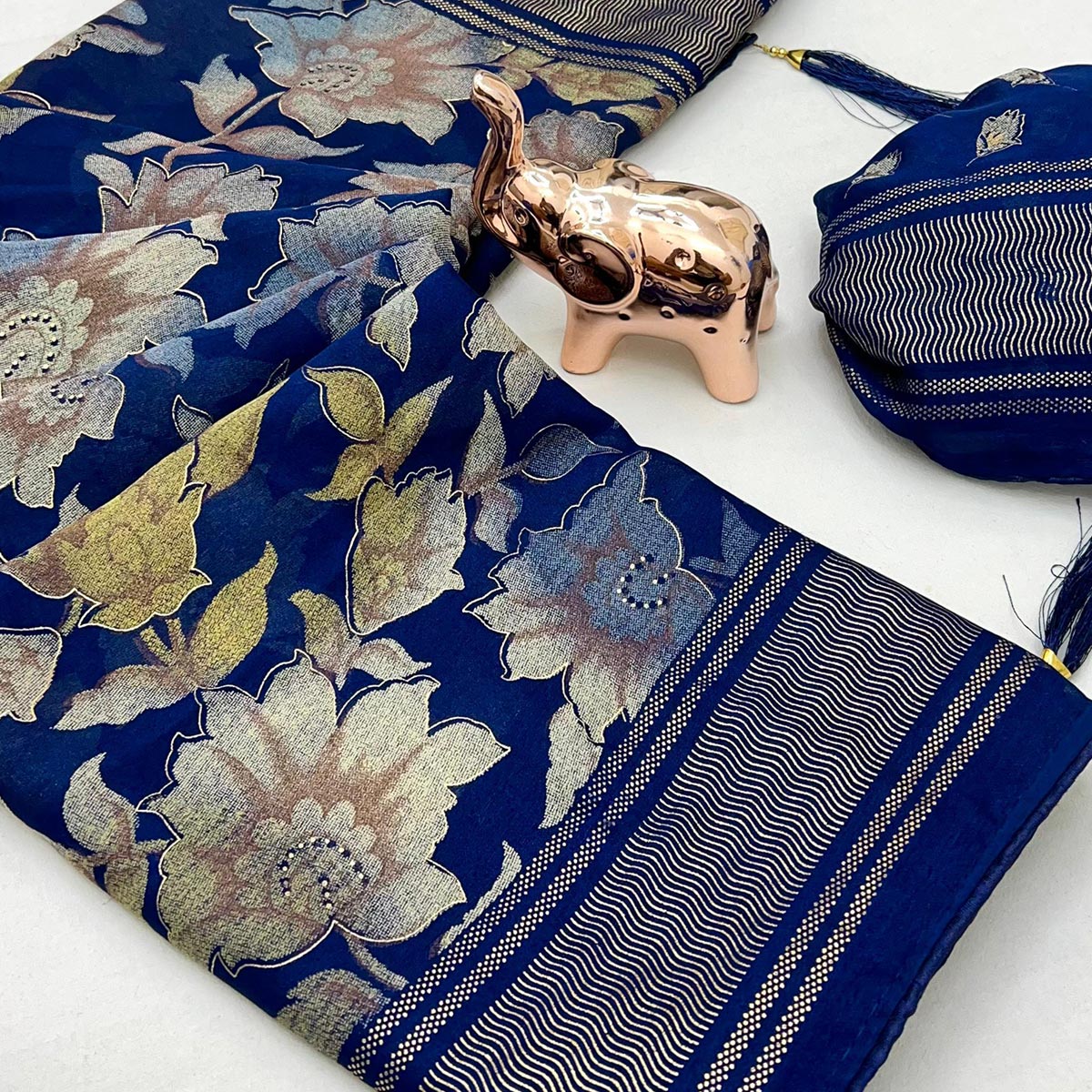 Navy Blue Floral Foil Printed Georgette Saree With Tassels