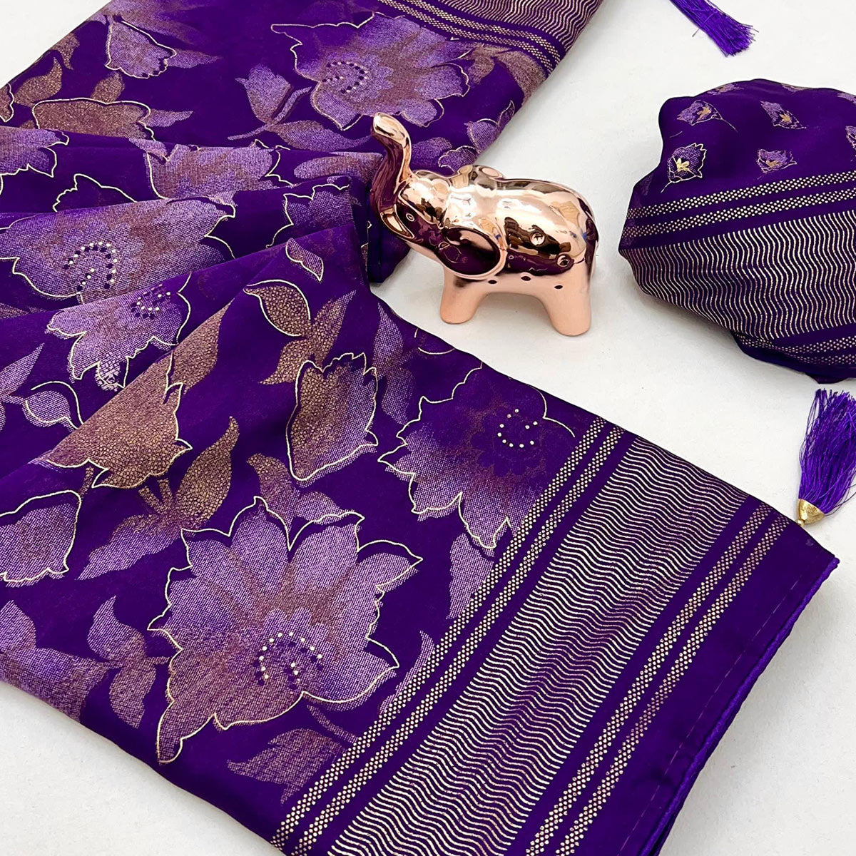 Violet Floral Foil Printed Georgette Saree With Tassels