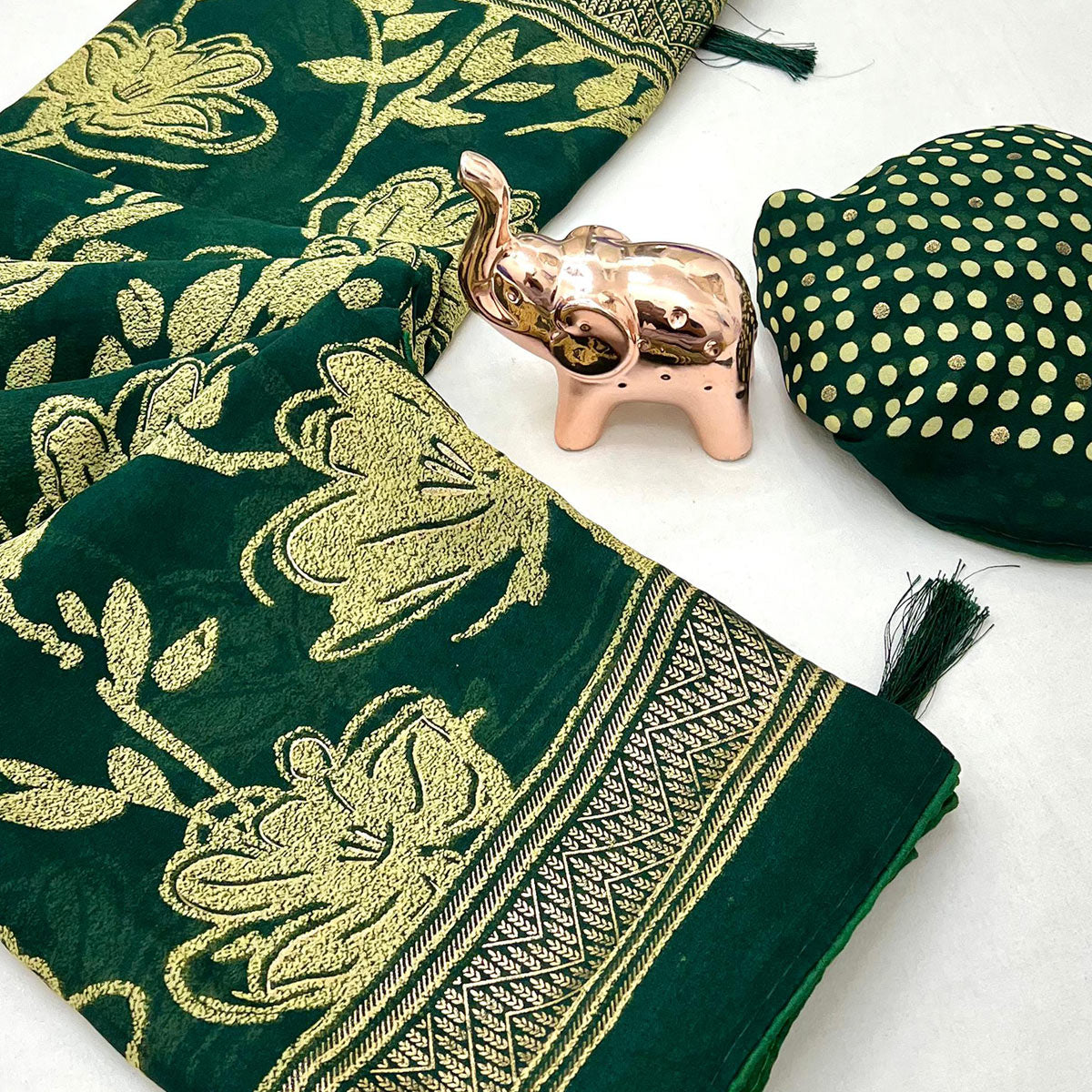 Green Toned Georgette Saree With Intricate Mill Print & Gleaming Floral Foil Embellishments