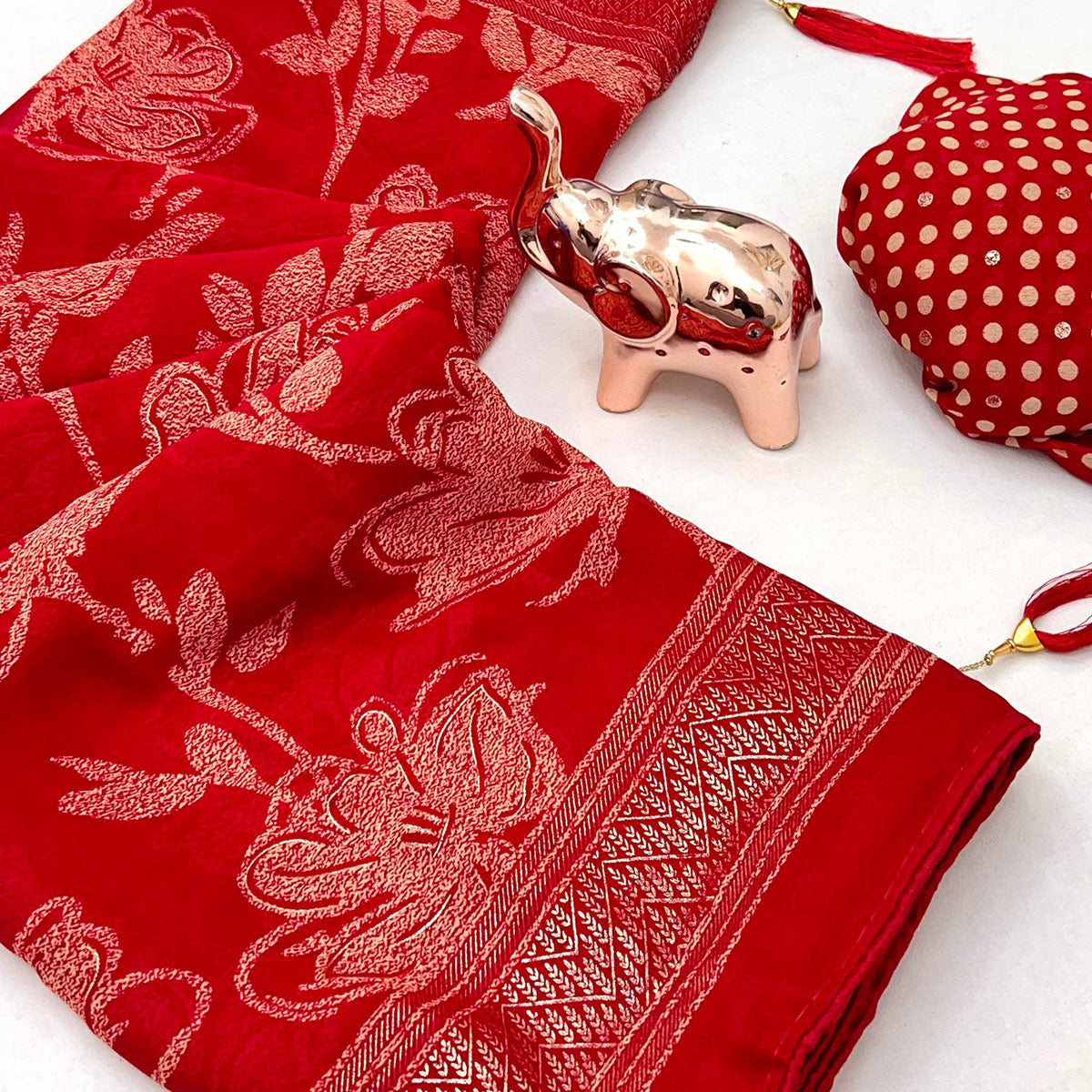 Red Toned Georgette Saree With Intricate Mill Print & Gleaming Floral Foil Embellishments