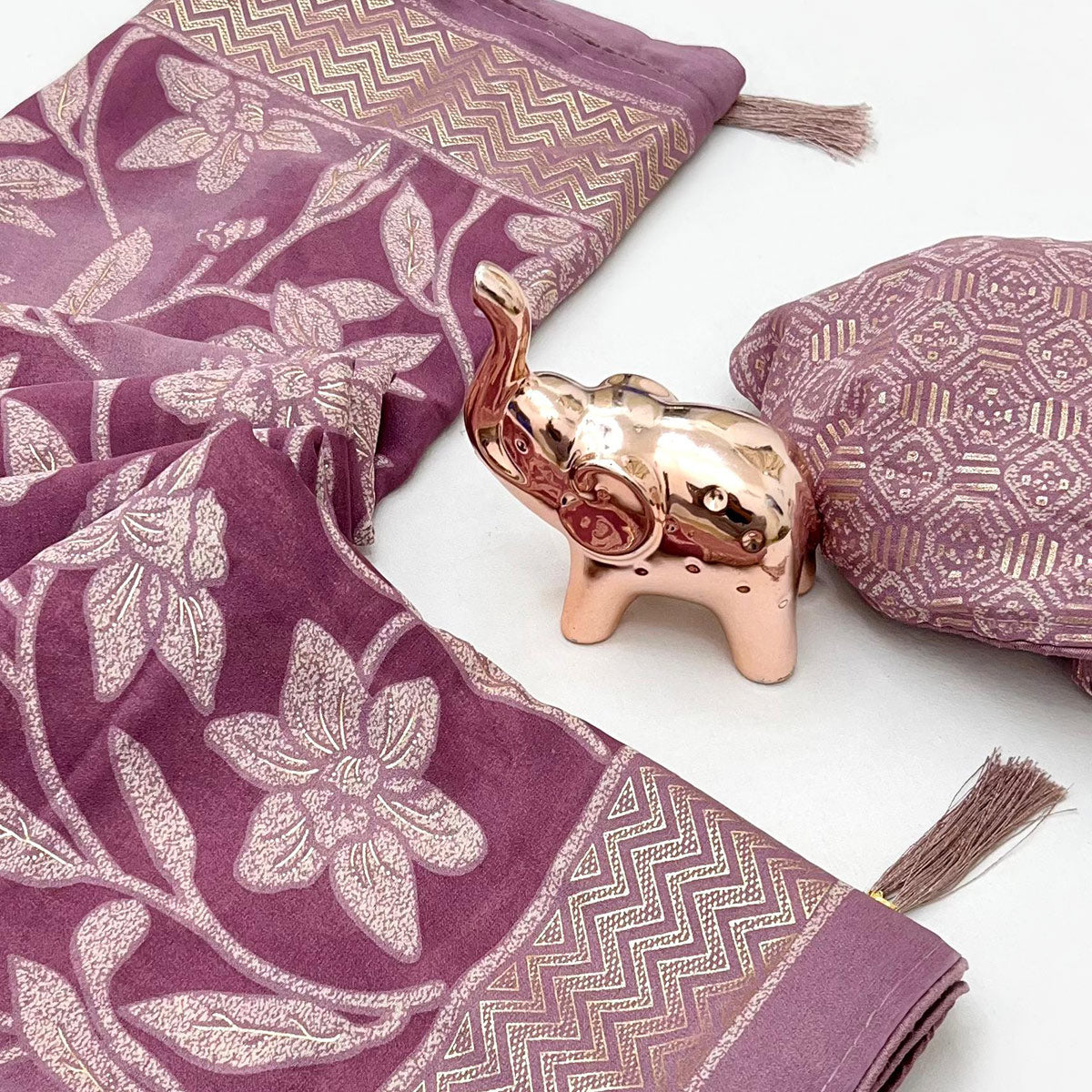 Timeless Heather Mauve Georgette Drape Adorned with All-over Floral Foil and Mill Print Detailing