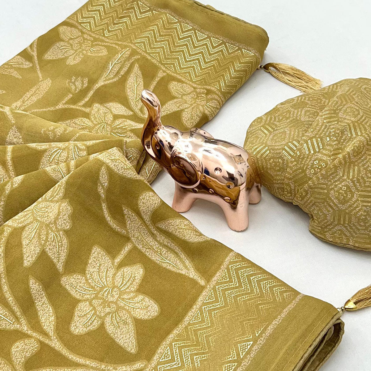 Timeless Olive Green Georgette Drape Adorned with All-over Floral Foil and Mill Print Detailing
