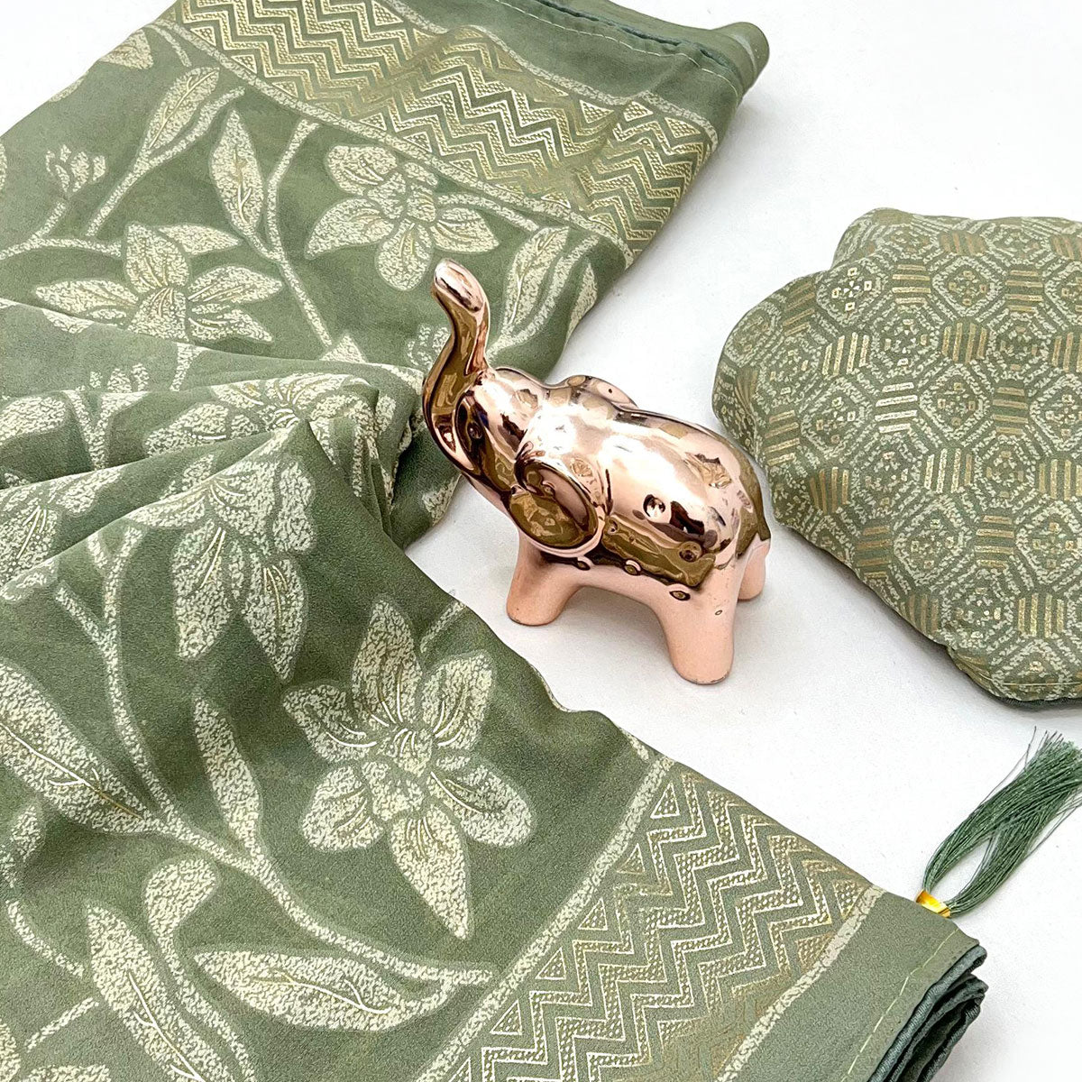 Timeless Sage Green Georgette Drape Adorned with All-over Floral Foil and Mill Print Detailing