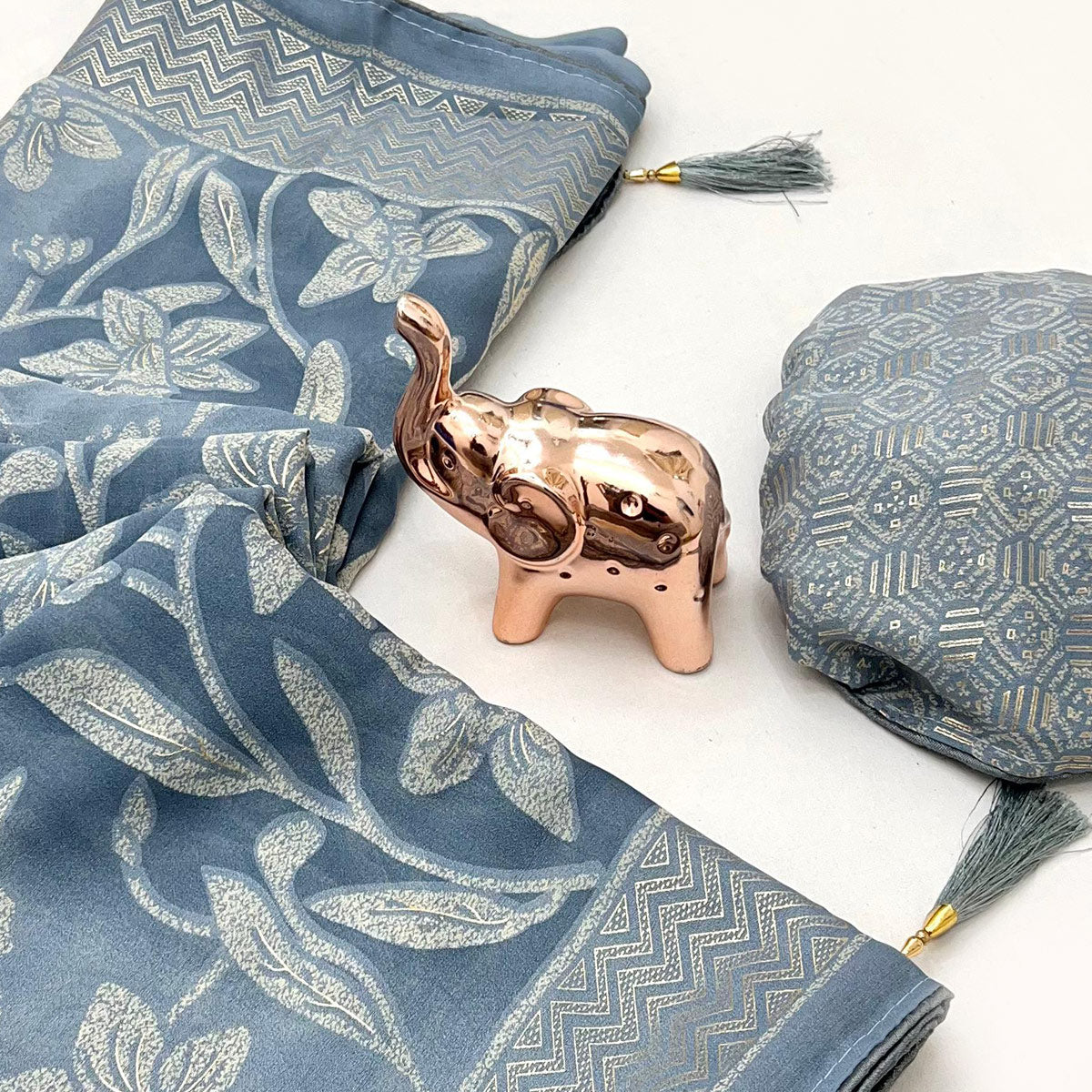 Timeless Steel Blue Georgette Drape Adorned with All-over Floral Foil and Mill Print Detailing
