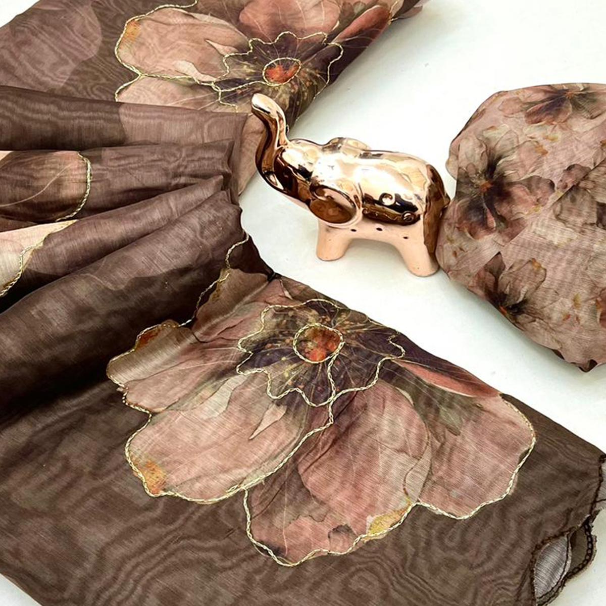 Brown Floral Printed Chanderi Cotton Embroidered Saree Perfect for Festive