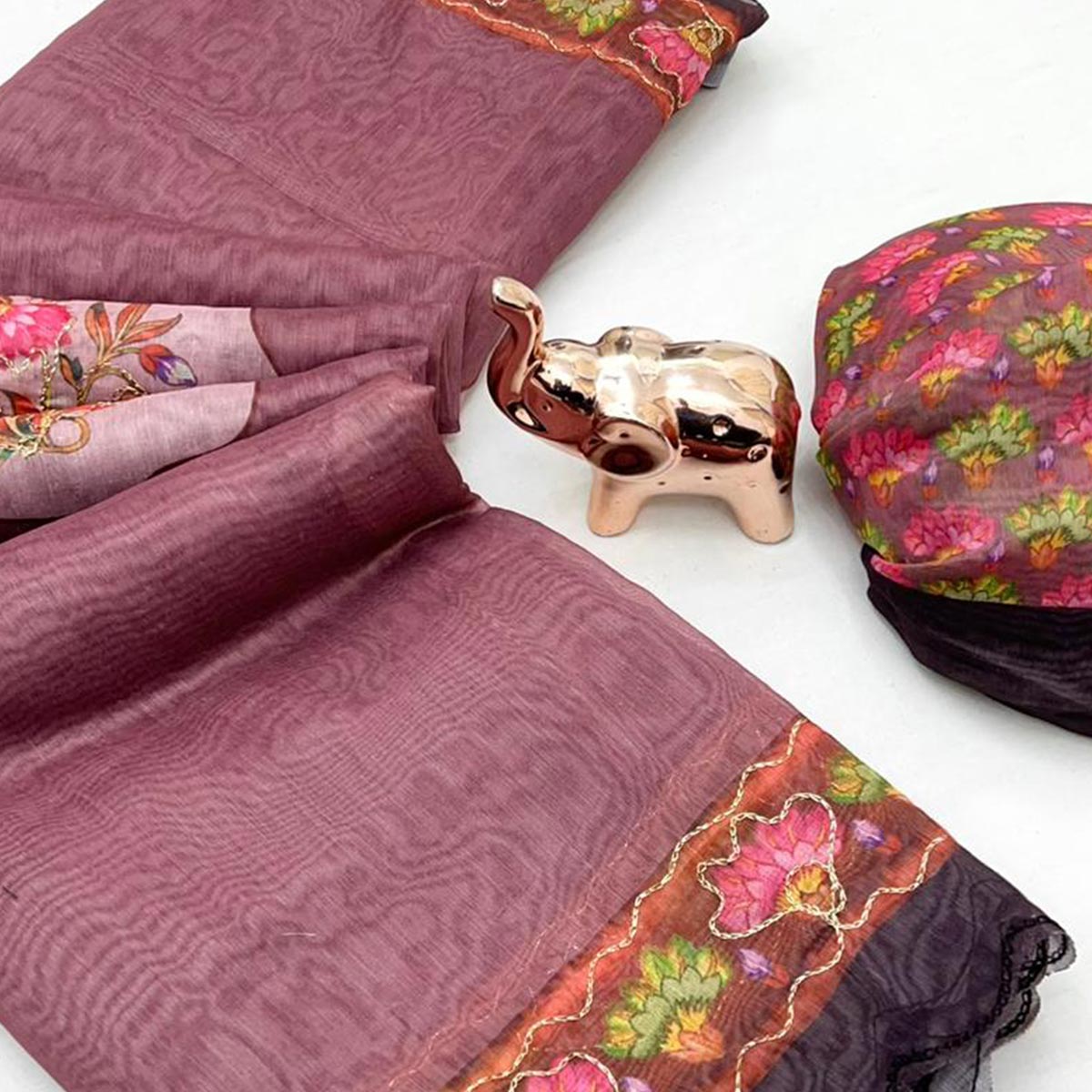 Mauve Floral Printed Chanderi Cotton Embroidered Saree Perfect for Festive