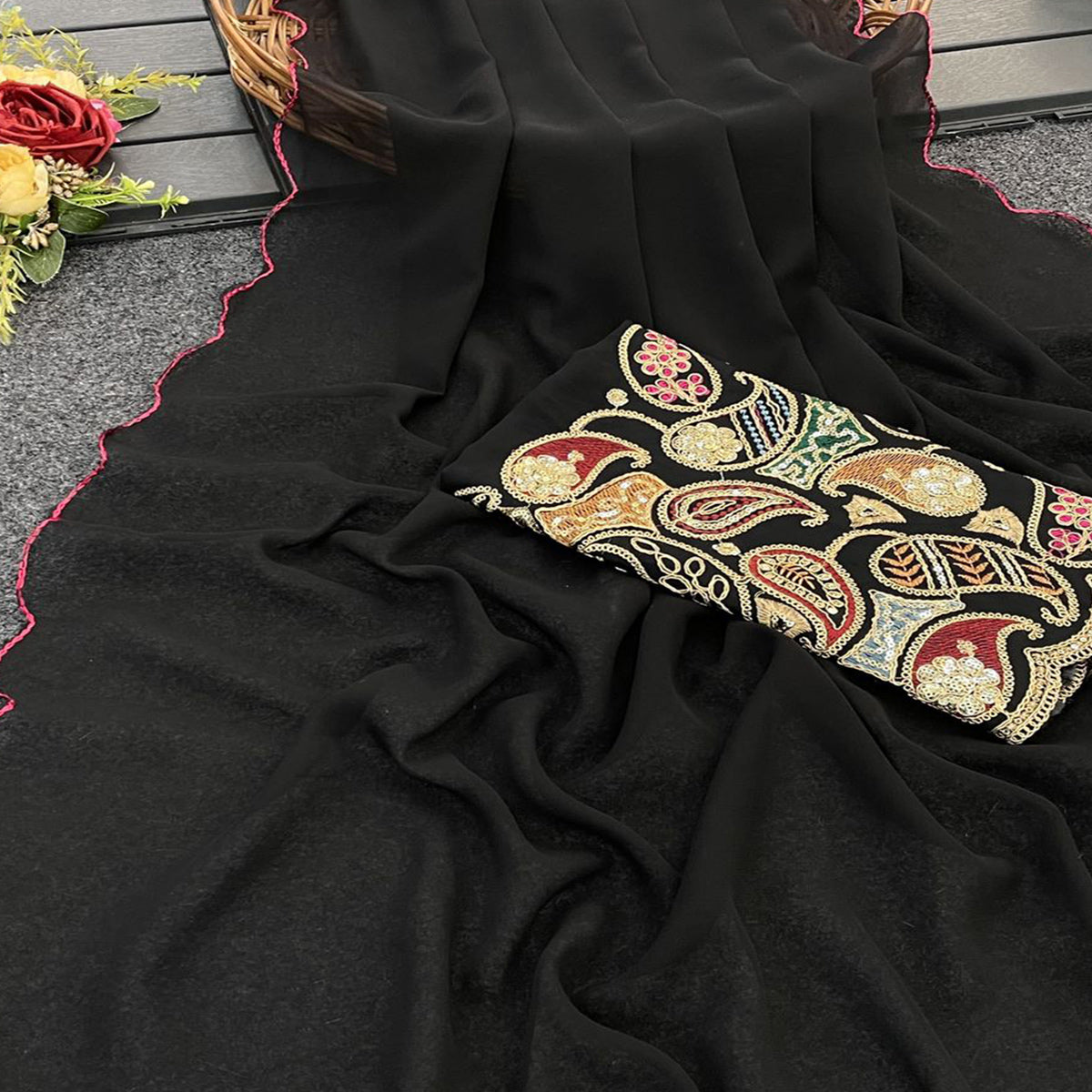 Black Solid Georgette Saree With Embroidered Border