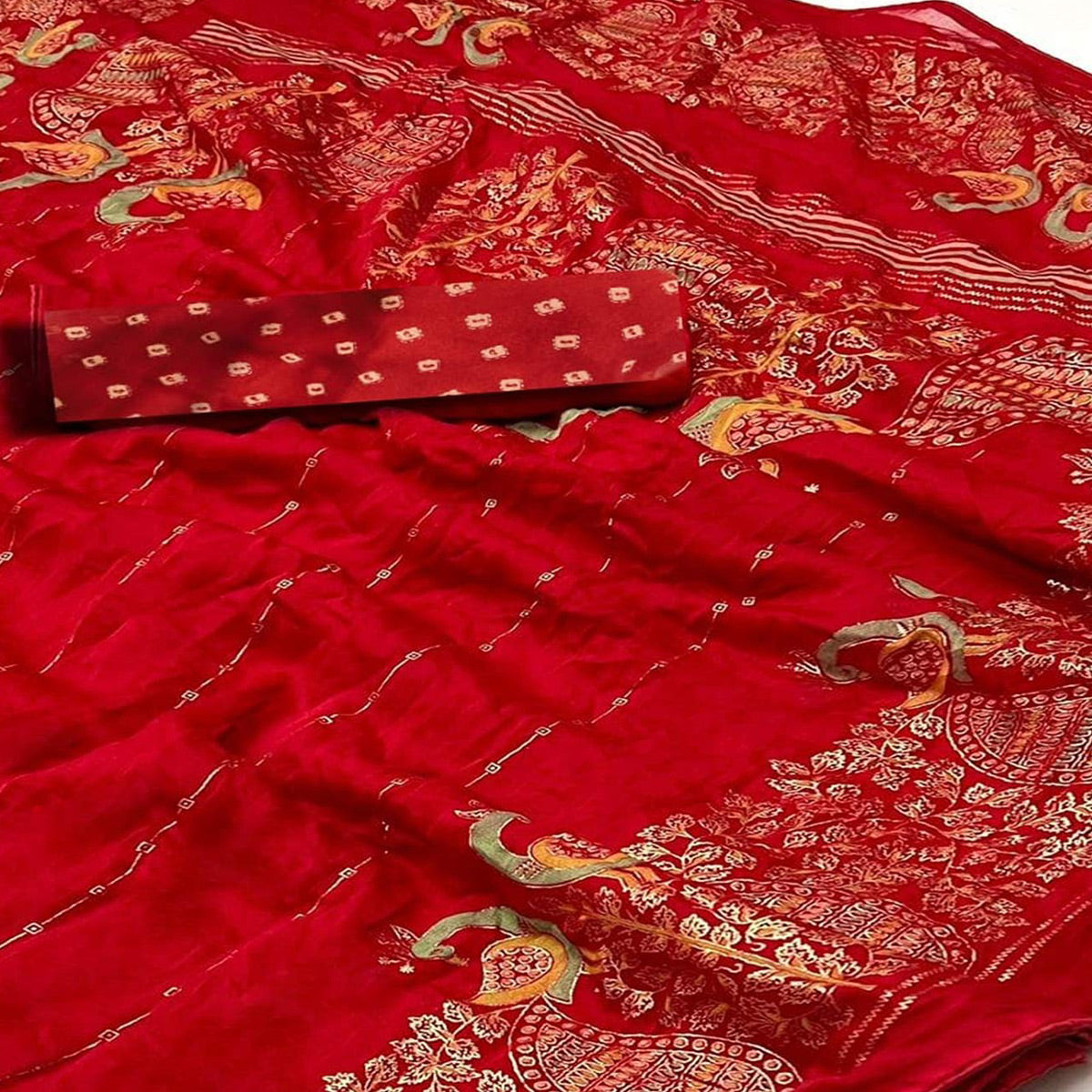 Red Floral Foil Printed Georgette Saree