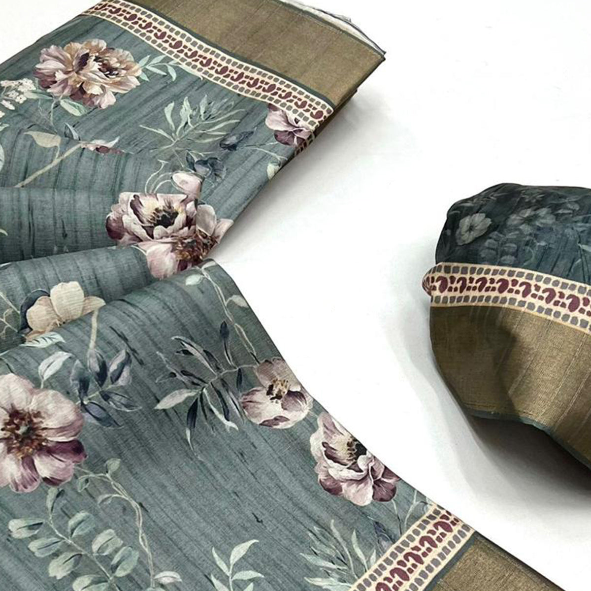 Grey Floral Digital Printed Tussar Silk Saree