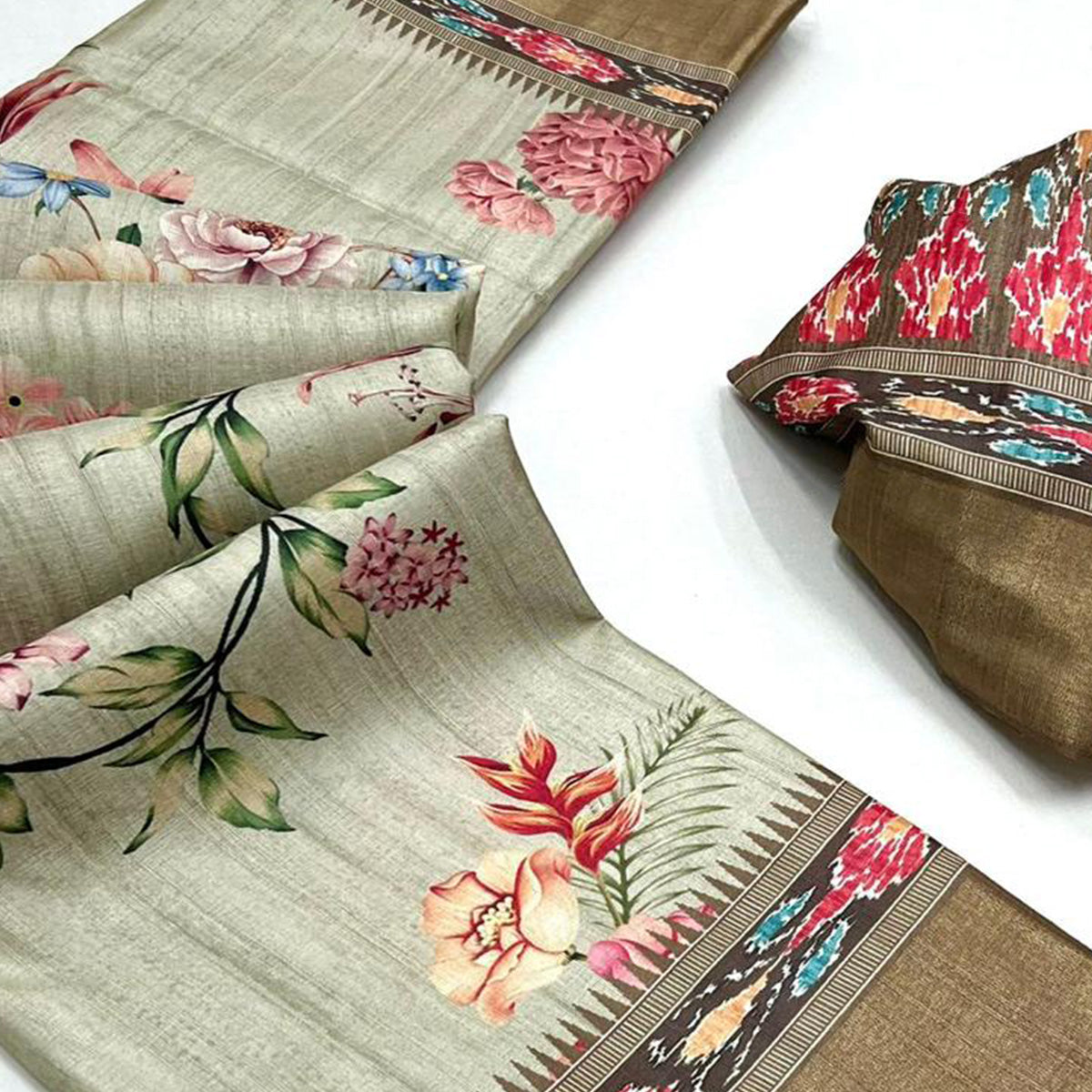 Light Pista Green Floral Digital Printed Tussar Silk Saree