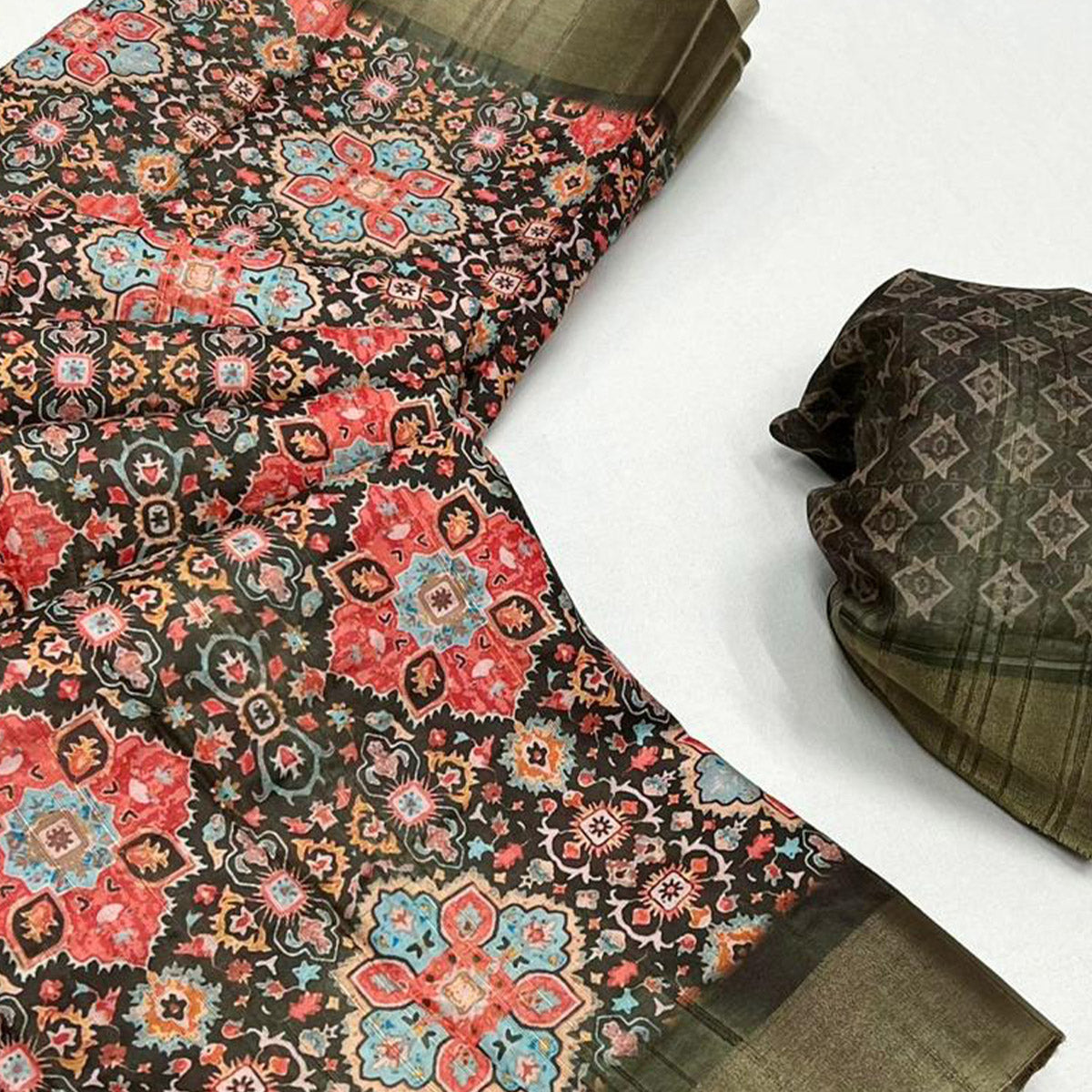 Mehendi Green Floral Digital Printed Tussar Silk Saree