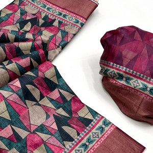 Pink Geometric Digital Printed Tussar Silk Saree