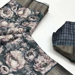 Grey Floral Digital Printed With Woven Border Tussar Silk Saree