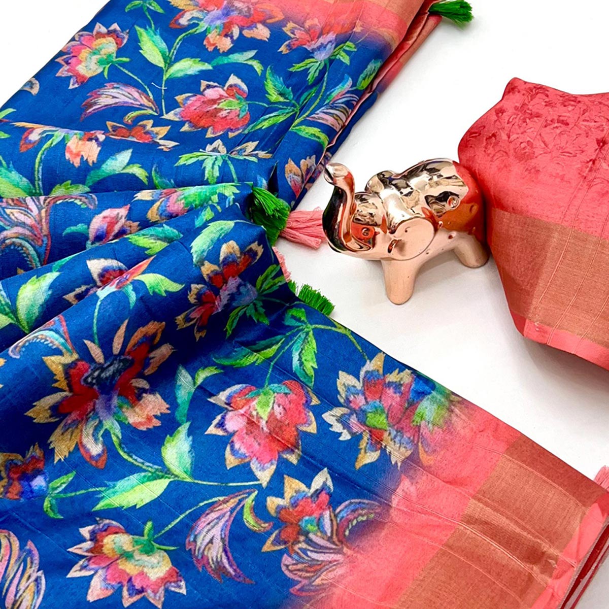 Festive Royal Blue Silk Blend Saree with Subtle Floral Print and Shimmering Zari Border