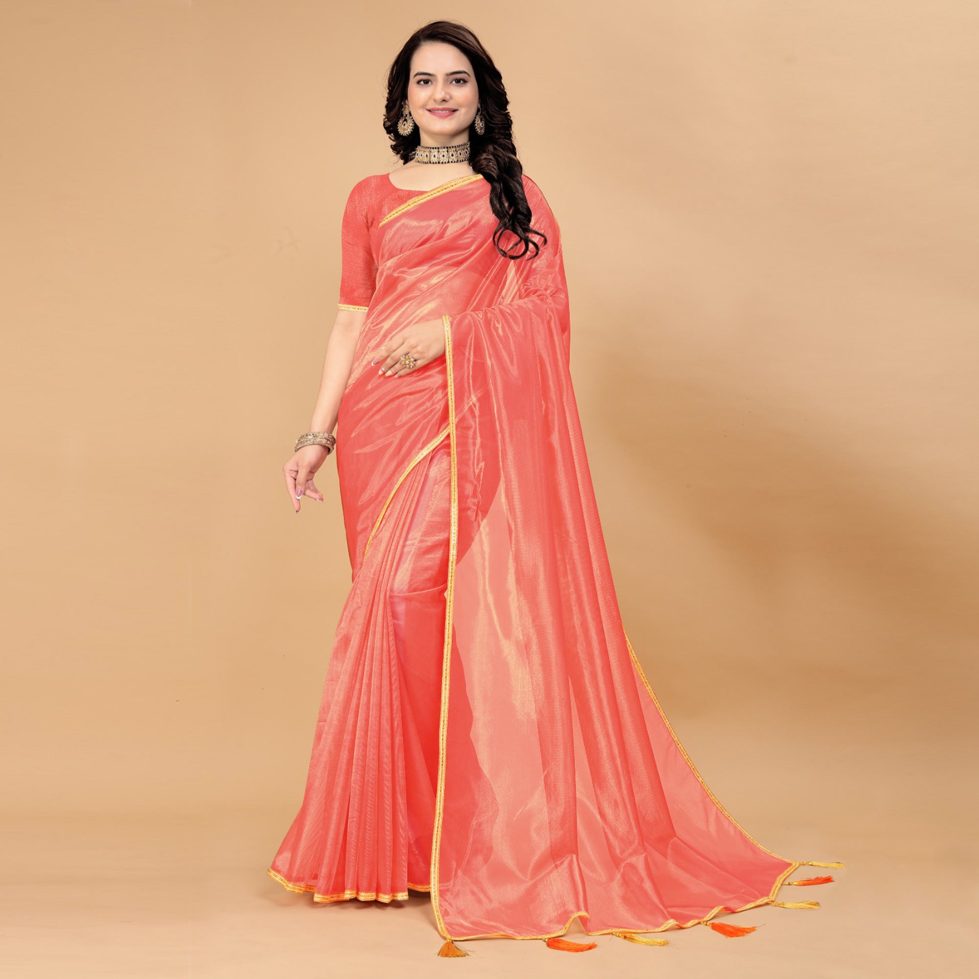 Dark Peach Solid Nylon Saree With Lace Border