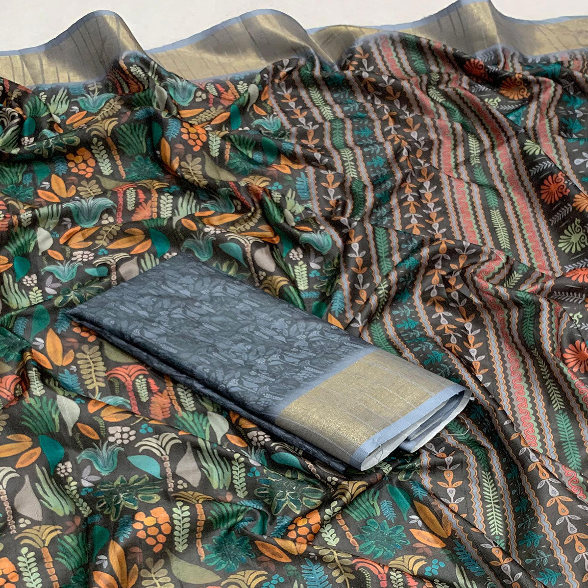 Black Digital Printed Tussar Silk Saree