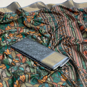 Black Digital Printed Tussar Silk Saree