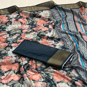 Blue Digital Printed Tussar Silk Saree