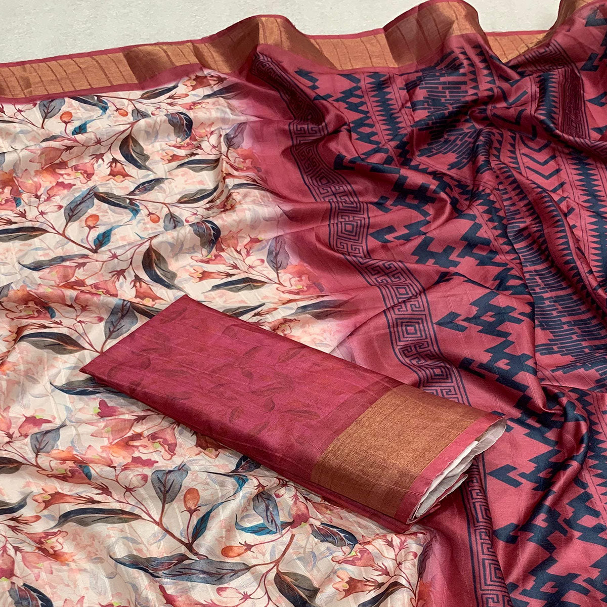 Cream Digital Printed Tussar Silk Saree