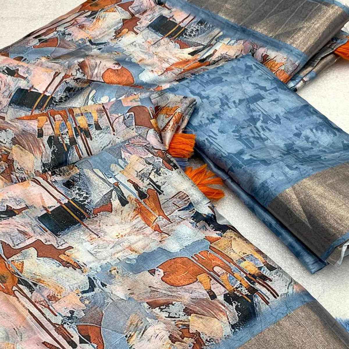 Grey Digital Printed Tussar Silk Saree