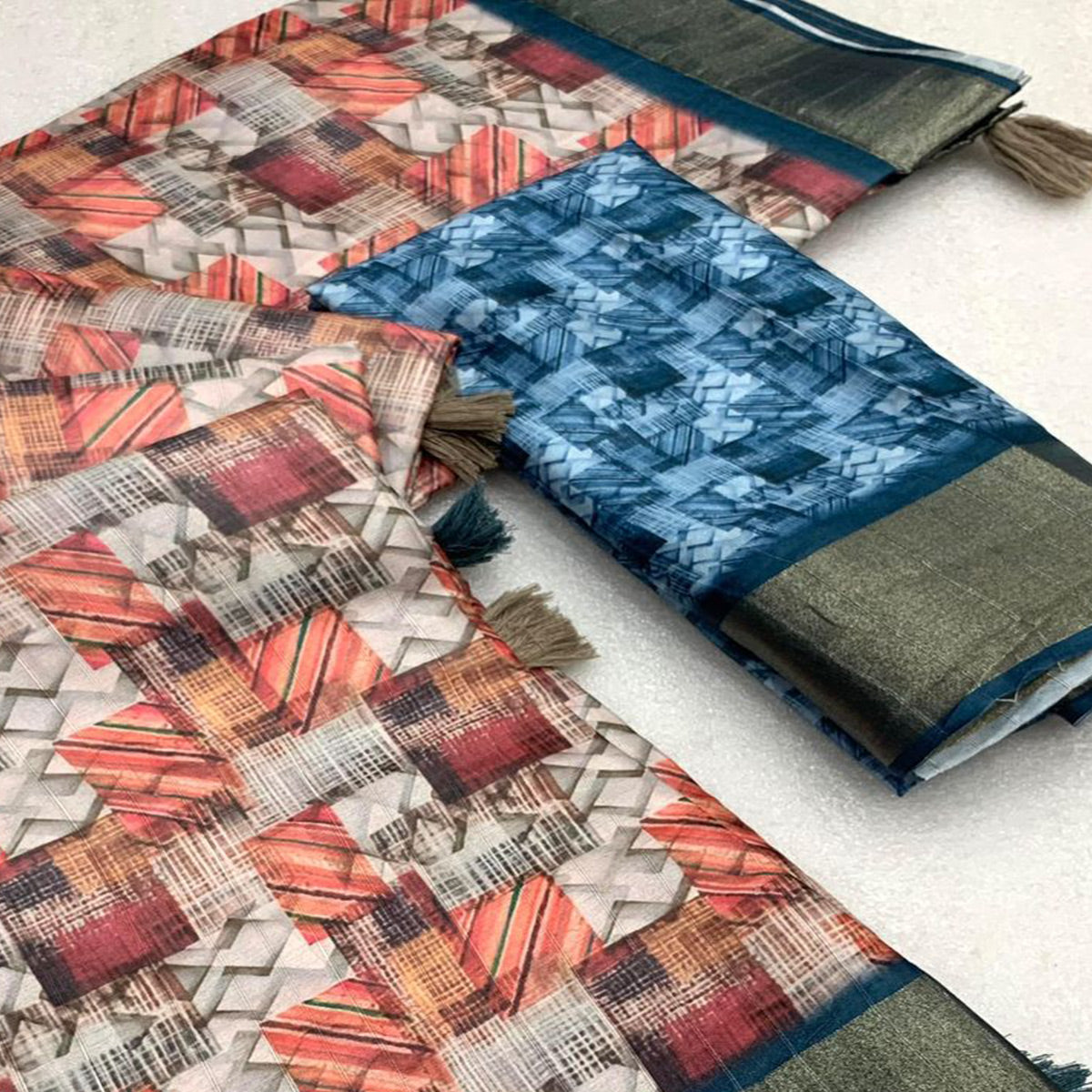 Rust Digital Printed Tussar Silk Saree