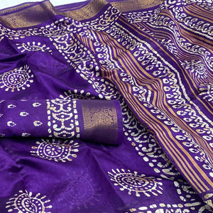 Violet Printed Cotton Silk Saree