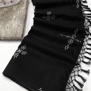 Black Floral Printed Muslin Saree With Tassels