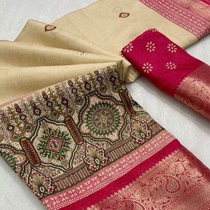 Beige & Pink Printed Cotton Silk Saree With Exquisite Zari Woven Border