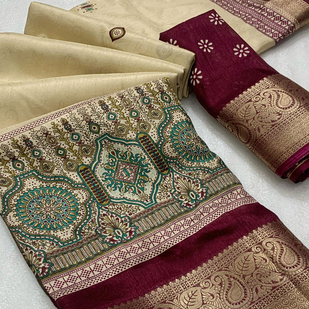 Beige & Wine Printed Cotton Silk Saree With Exquisite Zari Woven Border