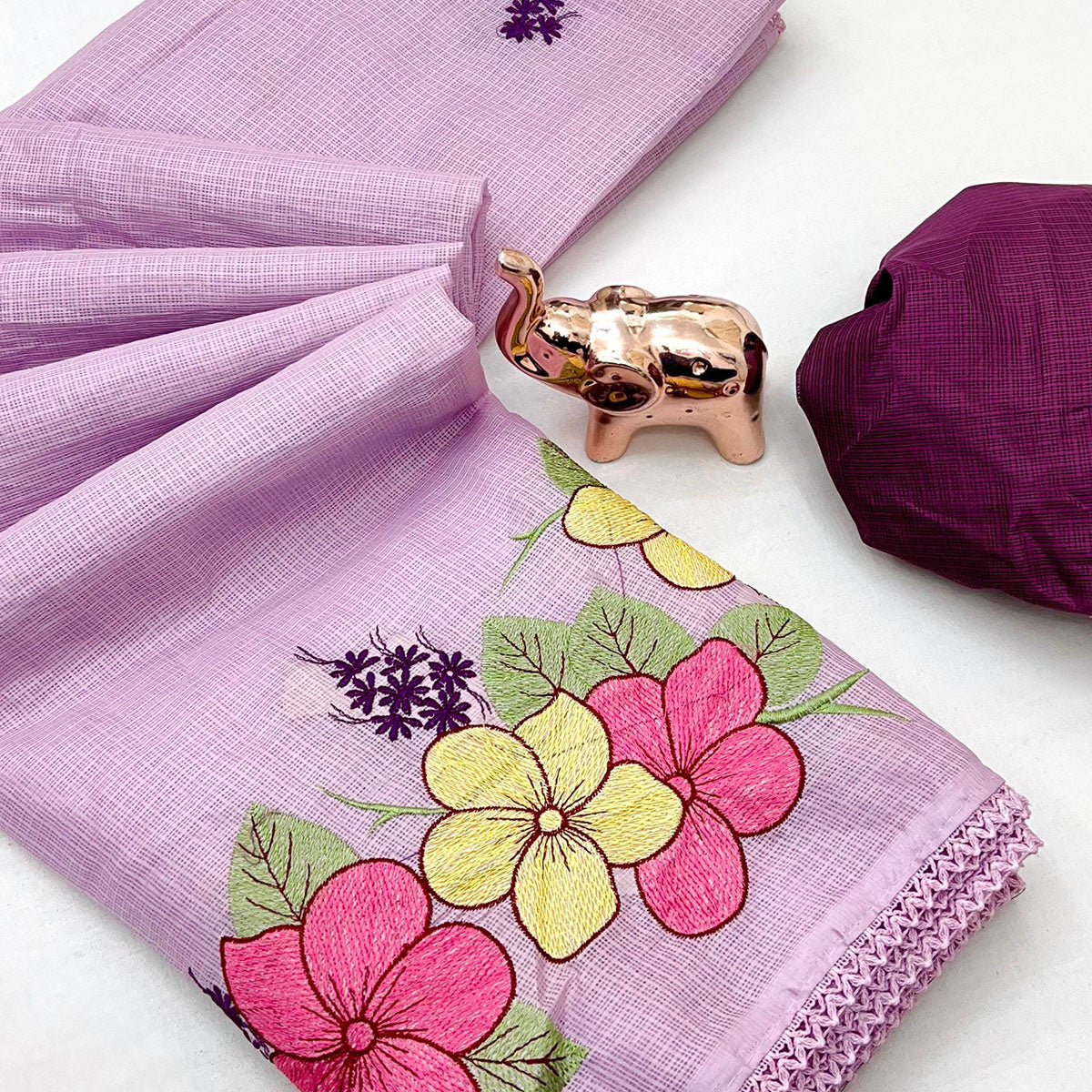 Elegant Lavender Kota Doria Saree with Detailed Floral Thread Work & Premium Crochet Lace Border