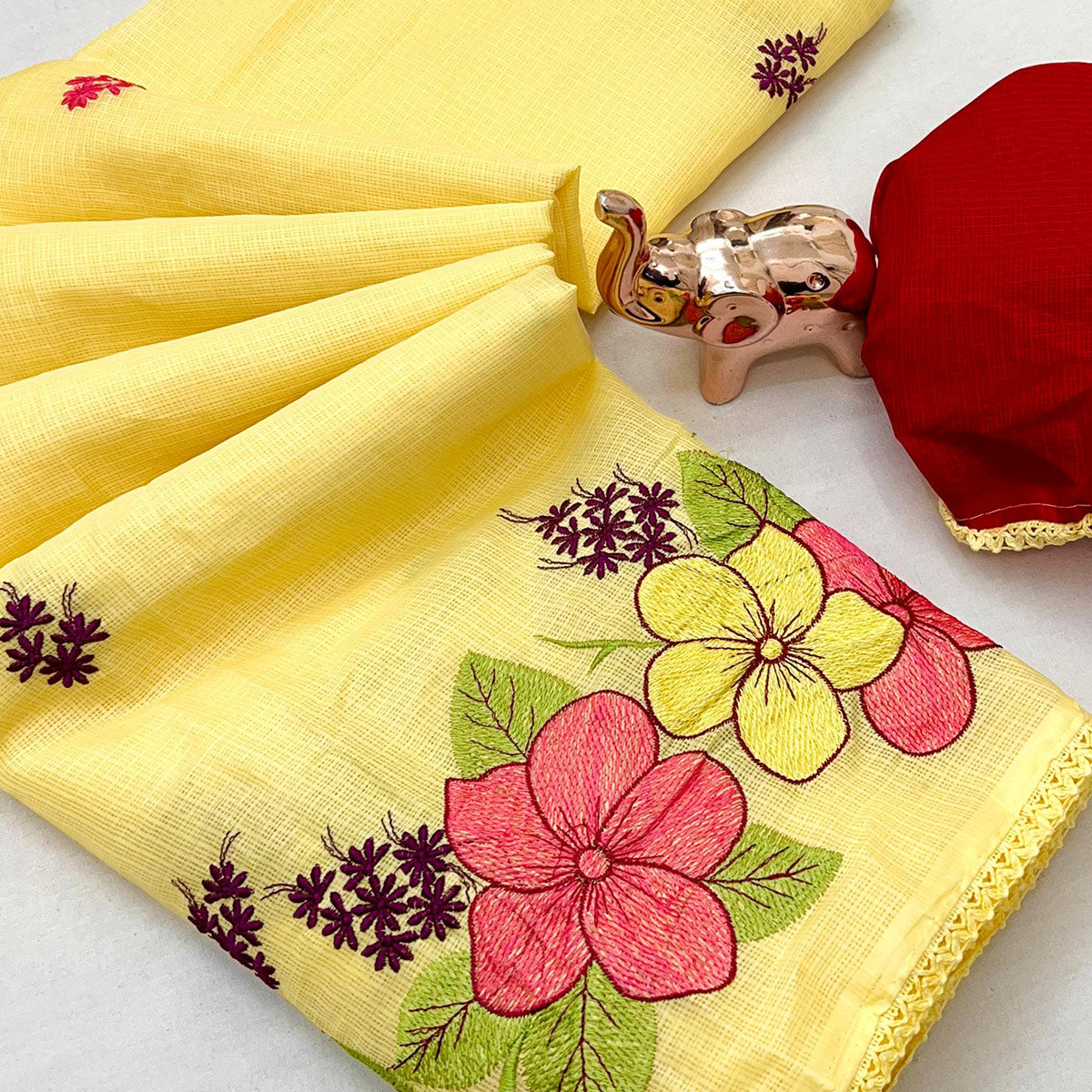 Elegant Yellow Kota Doria Saree with Detailed Floral Thread Work & Premium Crochet Lace Border