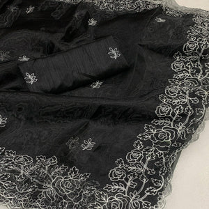 Black Floral Embroidered Organza Saree