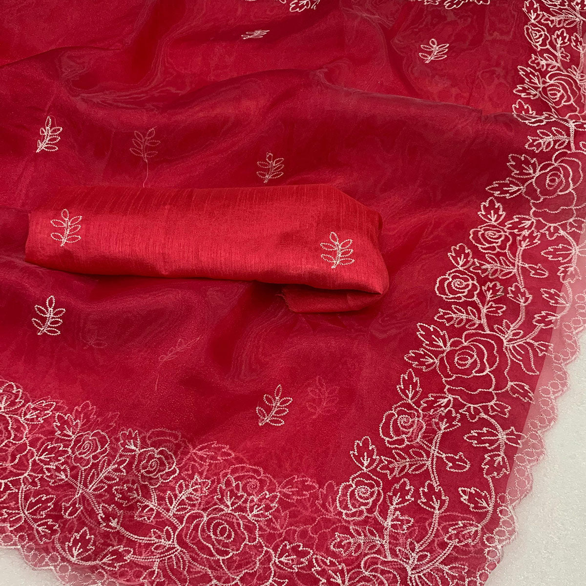 Pink Floral Embroidered Organza Saree