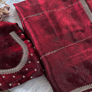 Classic Maroon Pure Silk Saree Adorned With Sparkling Jarkan Work & An Exquisite Designer Border