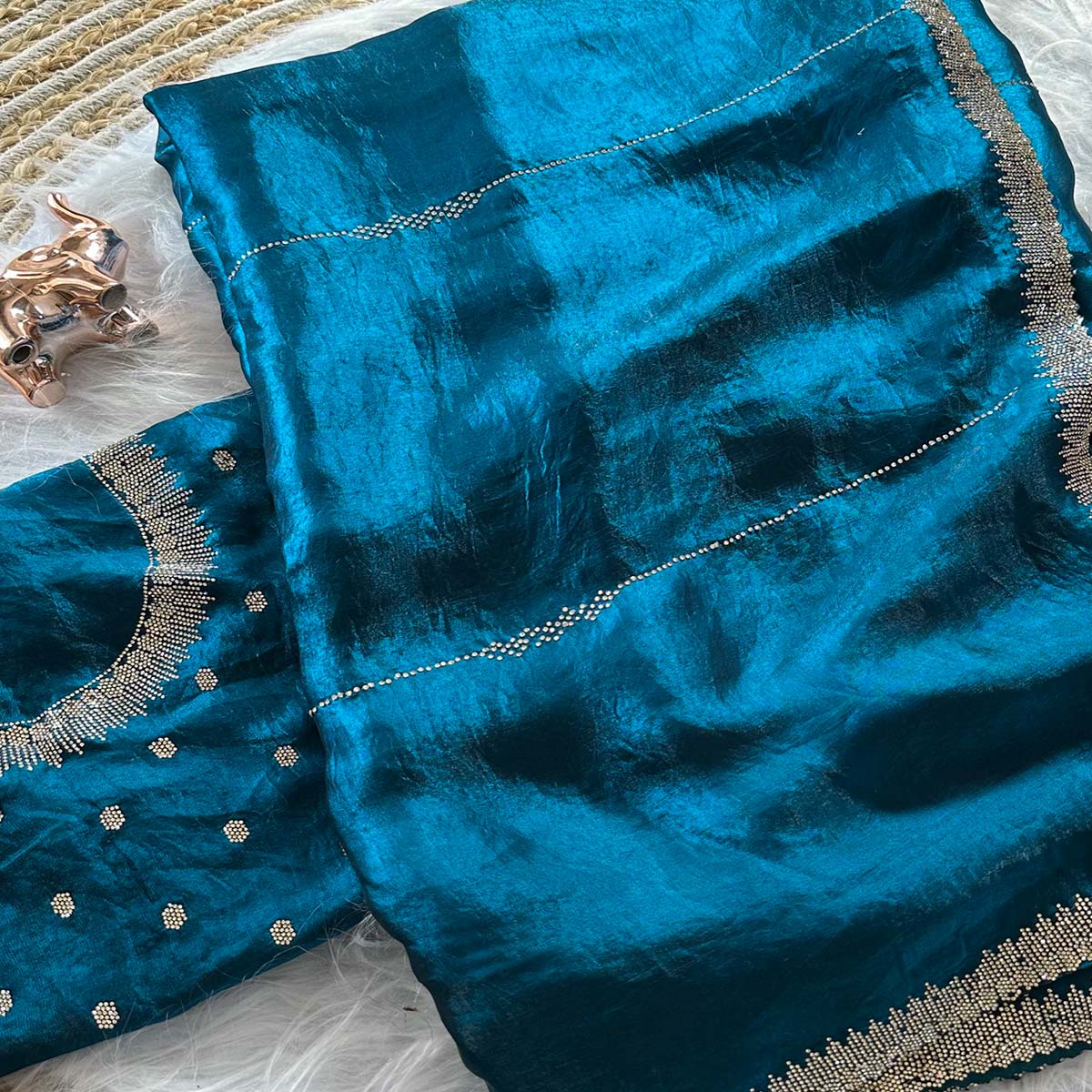 Classic Peacock Blue Pure Silk Saree Adorned With Sparkling Jarkan Work & An Designer Border