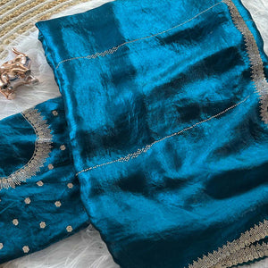 Classic Peacock Blue Pure Silk Saree Adorned With Sparkling Jarkan Work & An Designer Border