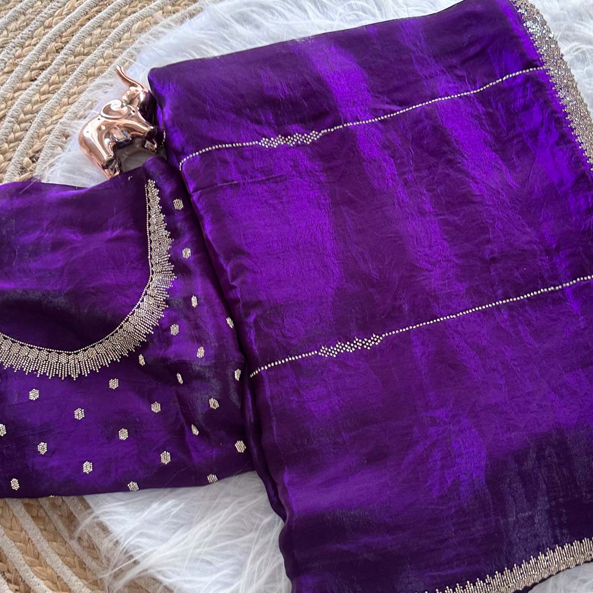 Classic Purple Pure Silk Saree Adorned With Sparkling Jarkan Work & An Exquisite Designer Border