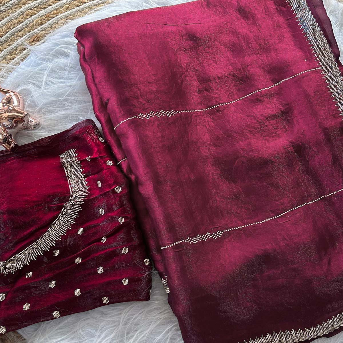 Classic Wine Pure Silk Saree Adorned With Sparkling Jarkan Work & An Exquisite Designer Border