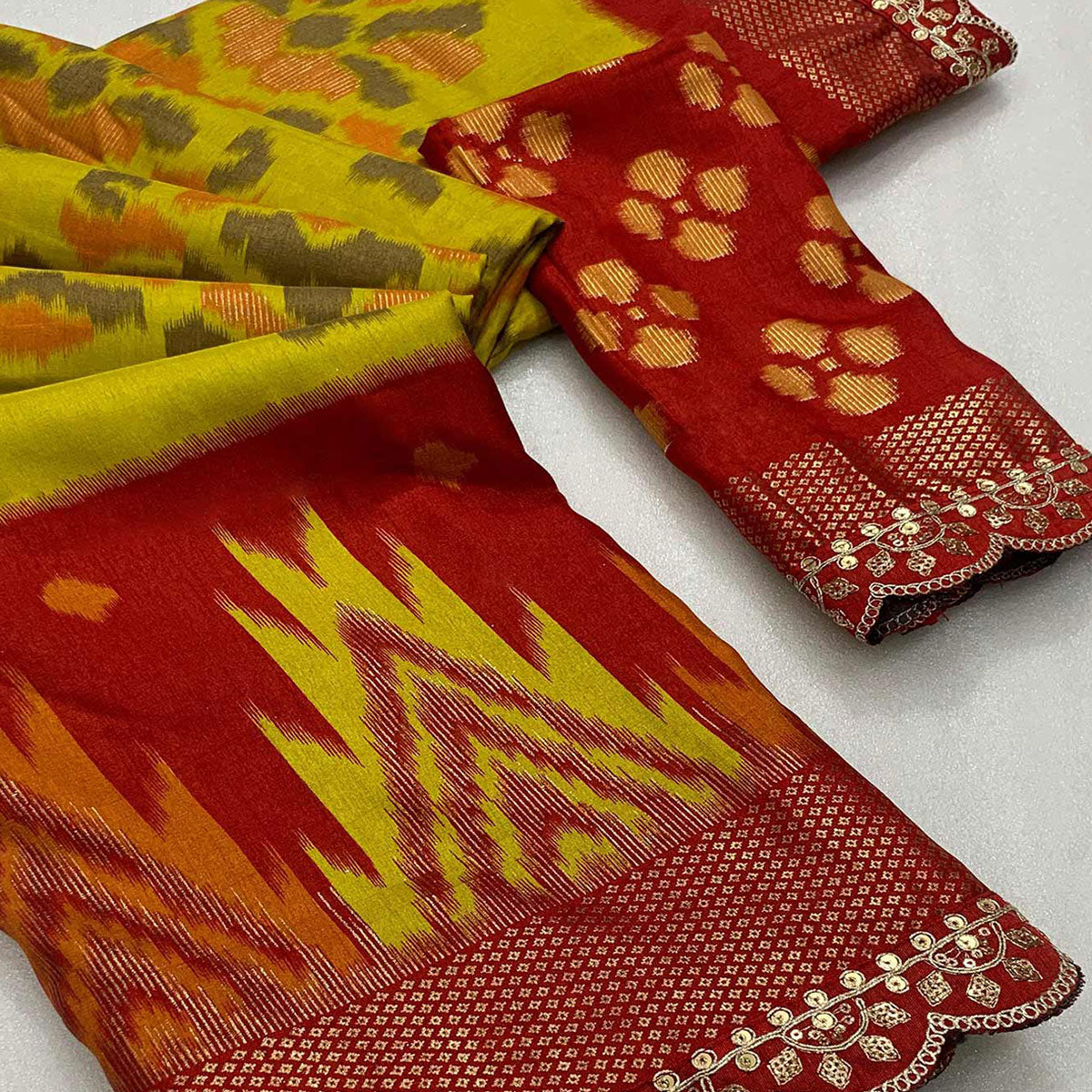 Olive Ikkat Printed Dola Silk Saree With Sequins Embroidery Border