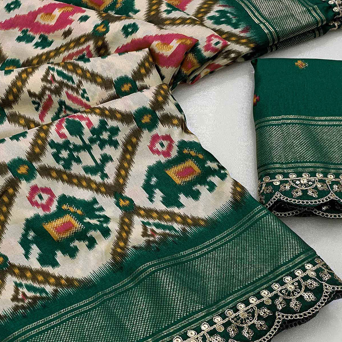 Off White & Green Ikkat Printed Dola Silk Saree With Sequins Embroidery Border