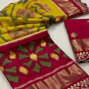 Green & Pink Ikkat Foil Printed Silk Saree With Sequins Embroidery Border
