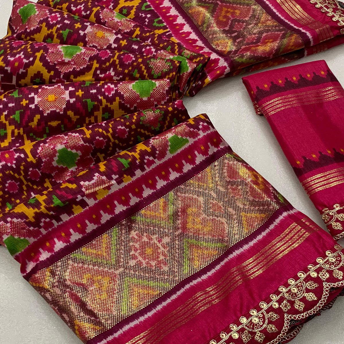 Wine & Pink Ikkat Foil Printed Silk Saree With Sequins Embroidery Border