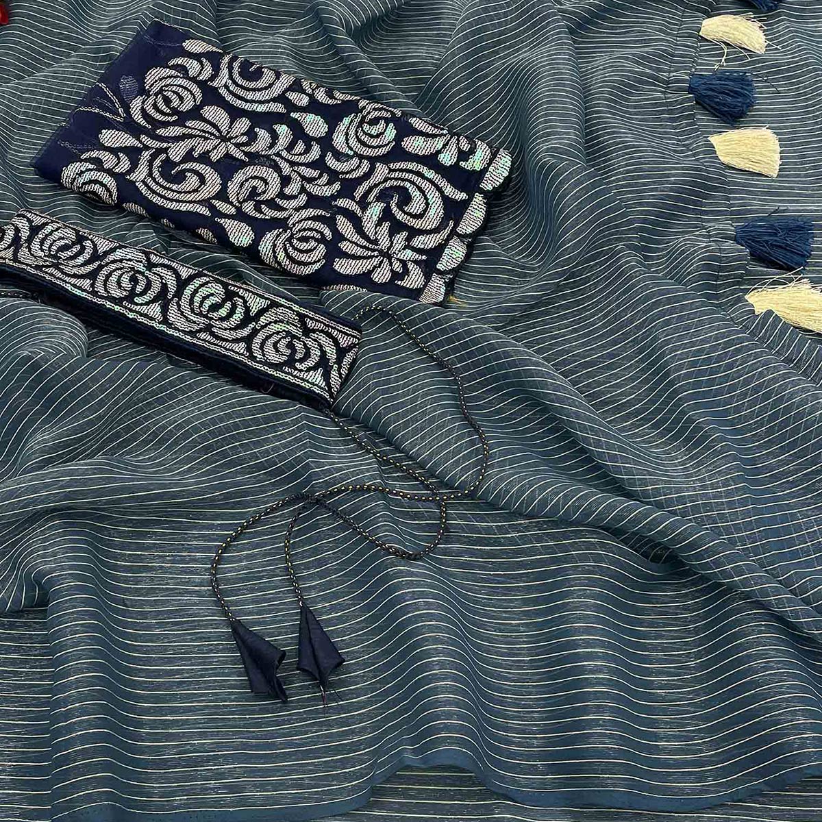 Grey & Blue Woven Chiffon Saree with Tassels