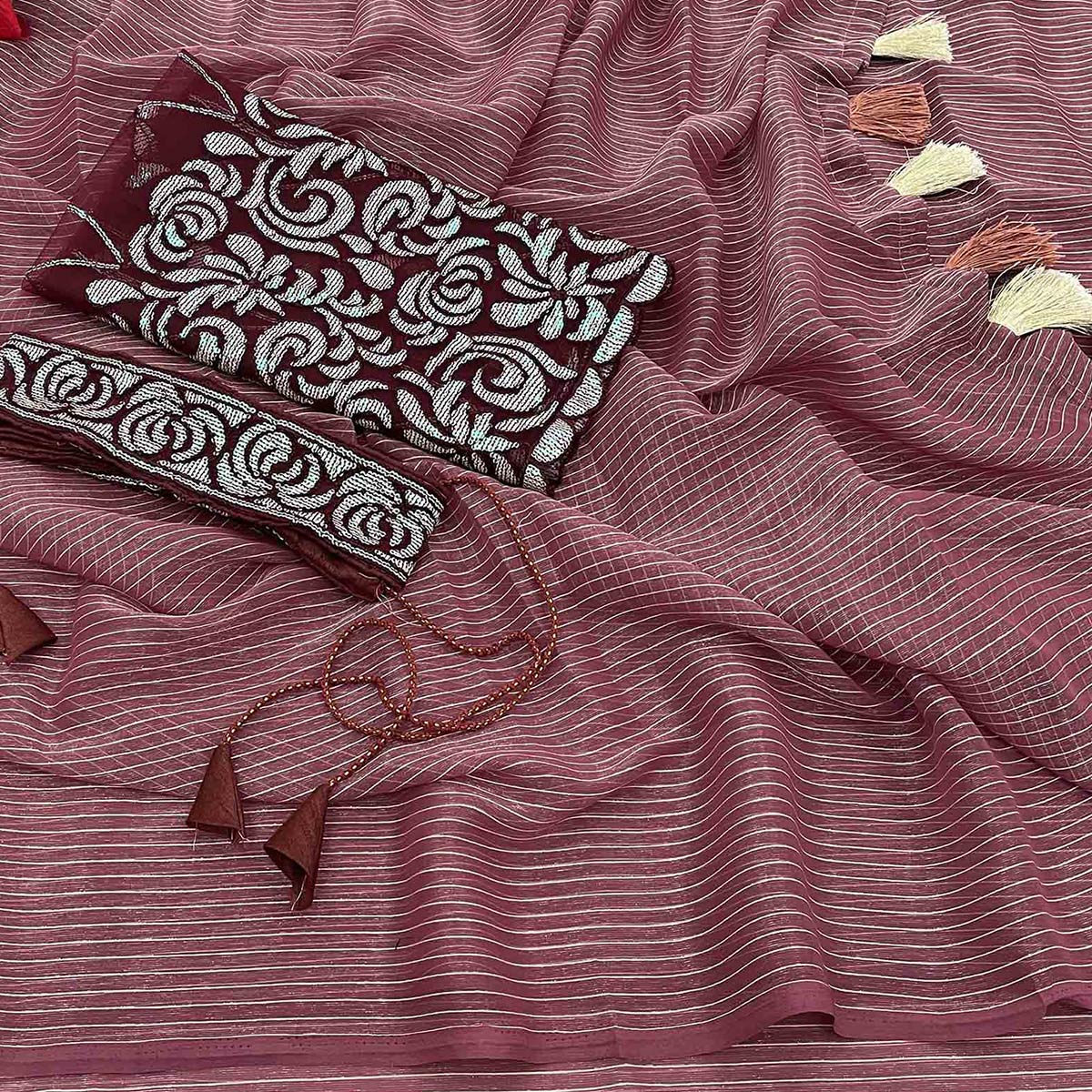 Peach & Maroon Woven Chiffon Saree with Tassels