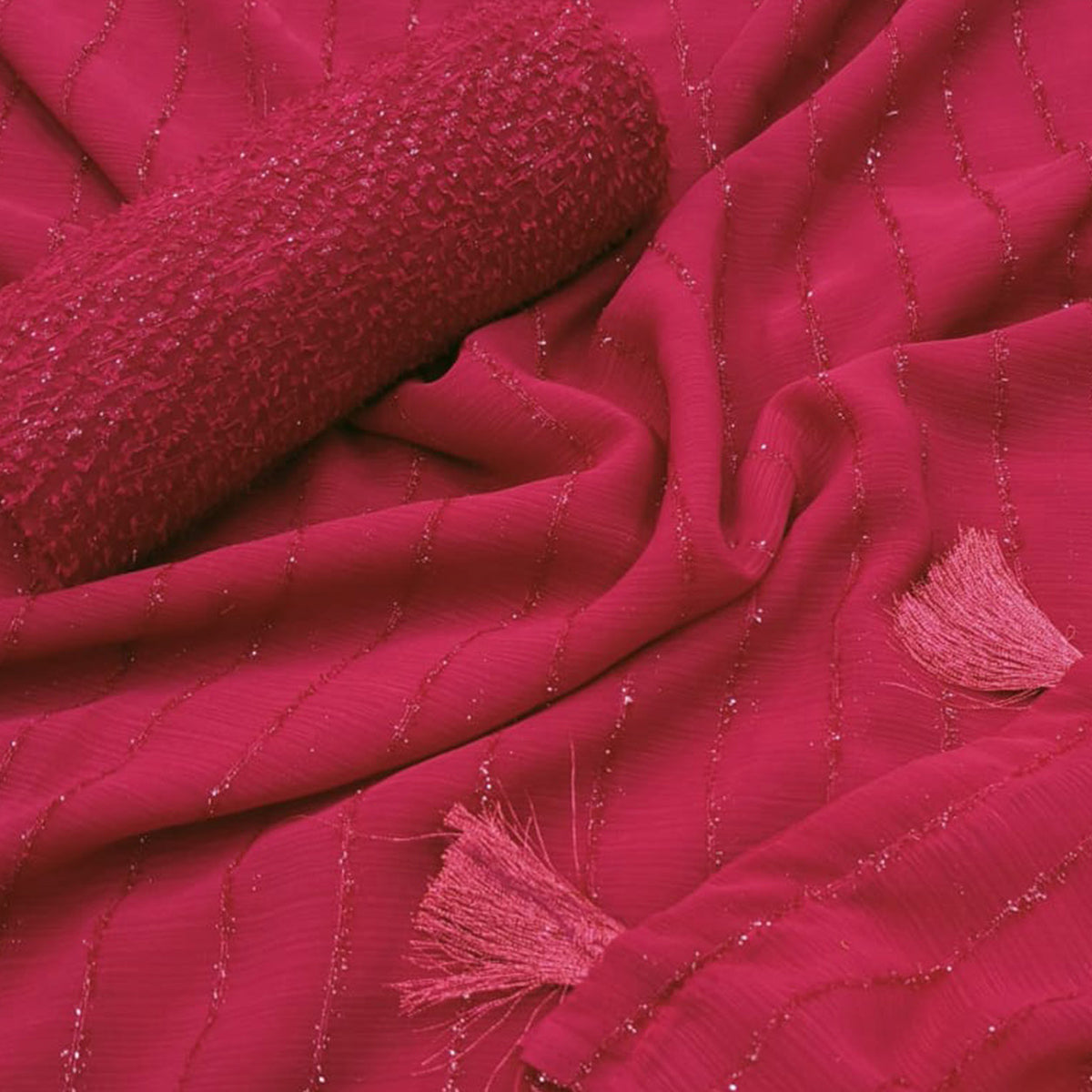 Rani Pink Woven Chiffon Saree with Tassels