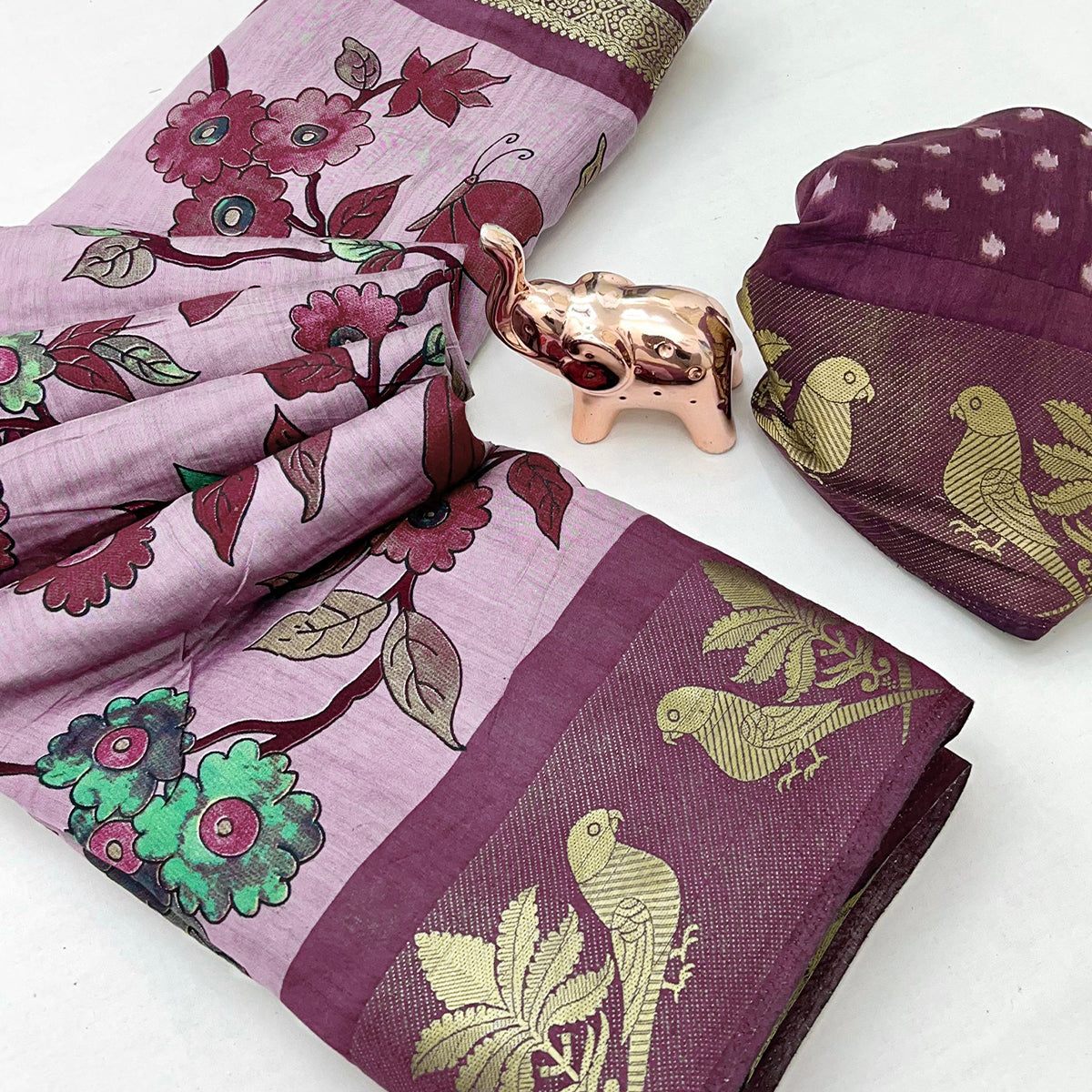 Light Purple Floral Printed Saree Crafted in Soft Mulmul Cotton with Zari Border