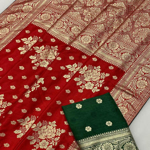 Red Floral Woven Dola Silk Saree